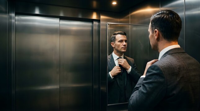 Professional businessman adjusting tie in elevator mirror reflection
