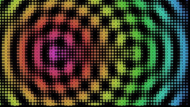 Colorful halftone dot interference pattern creating hypnotic circular wave movements