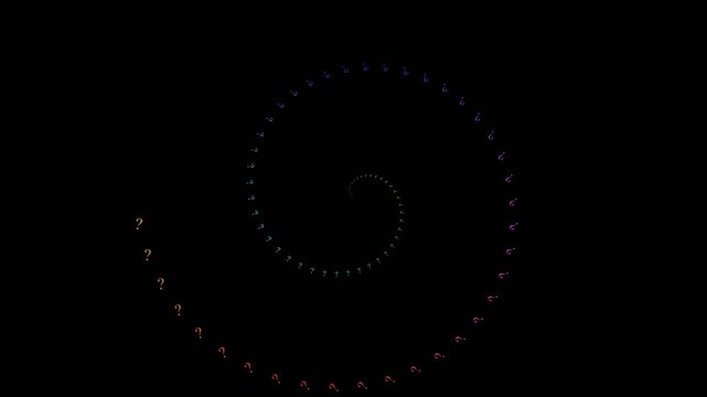 Colorful question mark symbols rotating in four spiral patterns on a black background