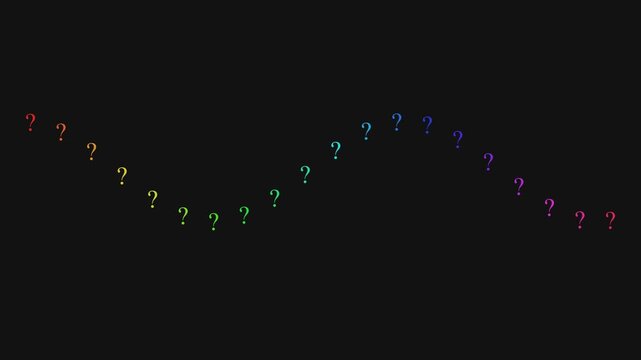 Colorful question marks forming oscillating sine waves on a black background for mystery