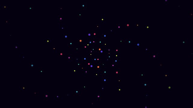 Colorful radial particle explosion with multi-colored dots expanding in a spiral motion on black