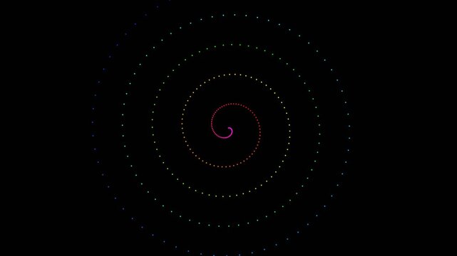Colorful spectrum spirals made of small dots spinning on a dark background