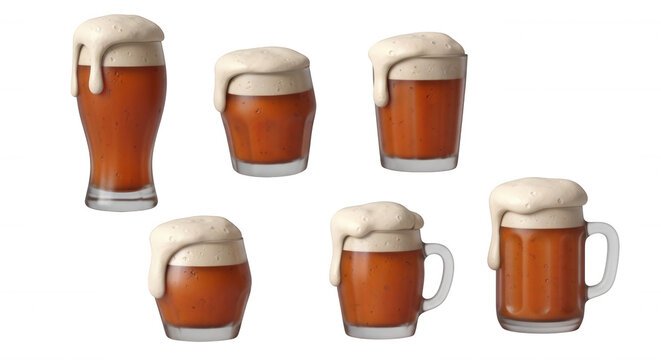 various mugs and glasses of dark beer overflowing with foam shot in a studio on a white background advertising illustrating or art