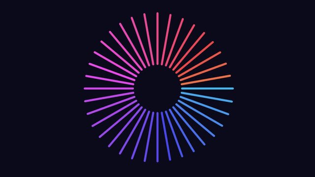 Four colorful radial loading progress bars with gradient lines spinning on a dark background