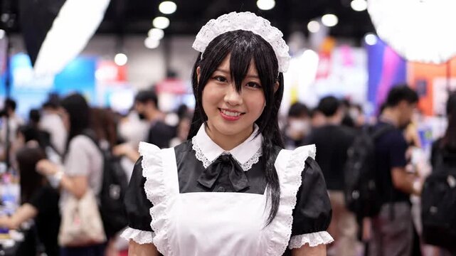 Smiling woman in maid cosplay at a crowded cultural convention