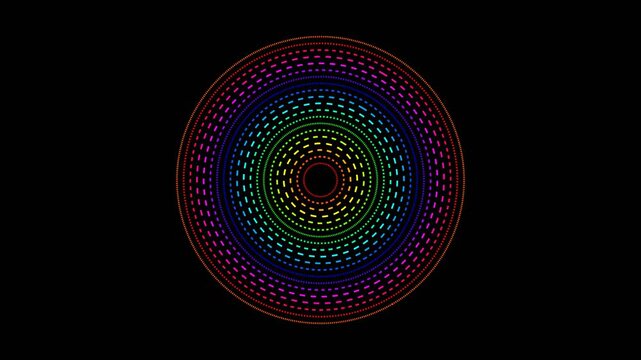 Four hypnotic rainbow rings with dashed lines rotating on a black background for abstract design
