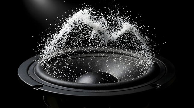 White particles bouncing on black audio speaker showing sound vibration