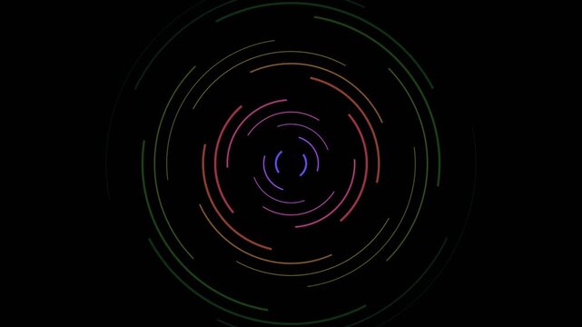 Four sets of colorful dashed orbital rings rotating in a recursive motion on black
