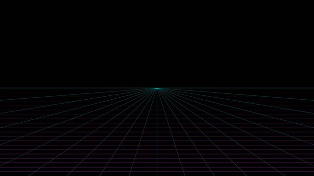 Futuristic neon grid landscape with glowing perspective lines on dark background