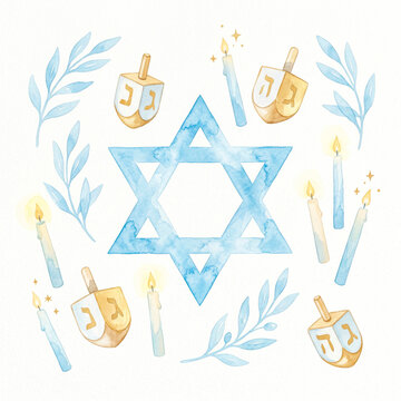 Watercolor Star of David surrounded by gold dreidels candles and blue olive branches on white background for Hanukkah  card template [copy space]