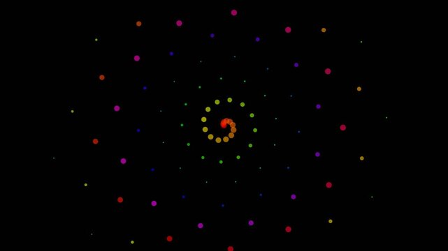 Hypnotic multicolored dot spirals rotating and pulsing against a dark background