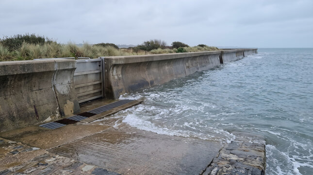Coastal flood defense infrastructure facing elevated seawater, illustrating seawalls, flood protection, resilience planning, and climate adaptation for engineering and ESG communication.