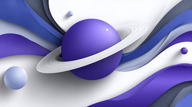3D abstract purple planet with rings and layered wavy paper cut background, modern cosmic spheres illustration for creative design