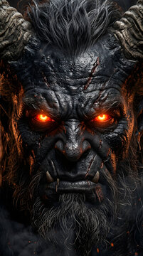 The intense gaze of a fearsome horned demon creature emanates burning light from its eyes while its dark skin displays a textured surface that captures the true essence of a malevolent