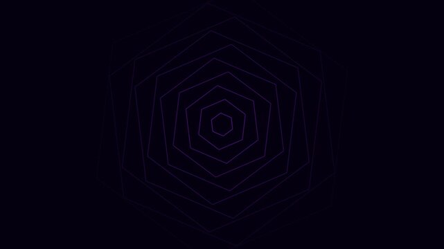 Minimalist rotating nested hexagon polygons with thin purple lines on black background