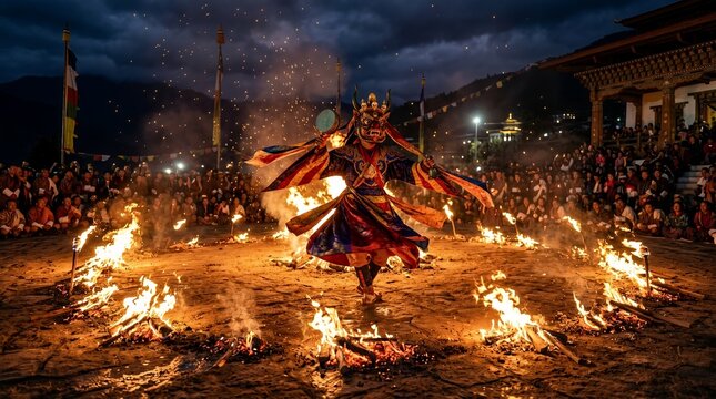 Masked monk performing traditional fire dance ritual at night.