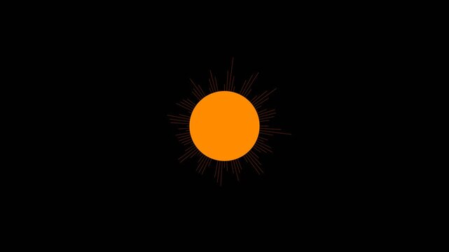 Orange sun icon with flickering corona rays isolated on a dark black background