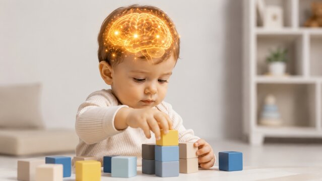 Cute toddler boy playing with wooden blocks with a glowing digital brain hologram overlay. Early childhood cognitive development, smart kid, learning, and child psychology concept
