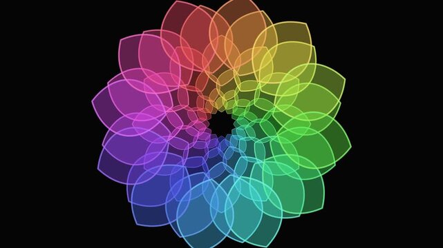 Prismatic petal mandalas rotating and pulsing in a symmetrical pattern on black