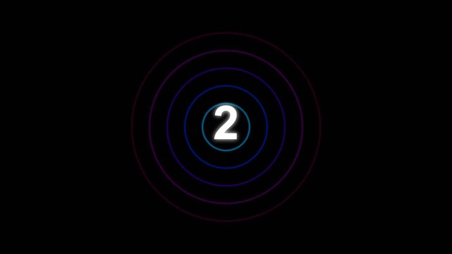 Pulsing neon rings with numbers counting down from seven to one on a black background