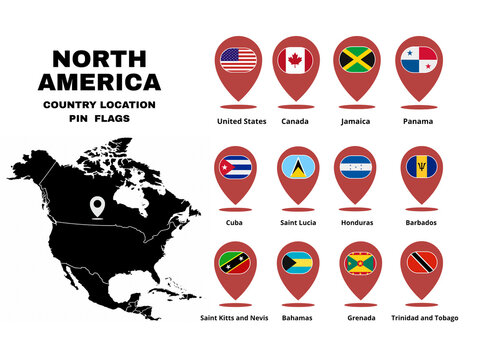 North america flags in map icon. World Flags of North America location pin icons, colorful national flag symbols, educational global diversity infographic vector, usa, canada