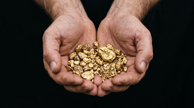 Man holding a handful of raw gold nuggets in his cupped hands against a dark background
