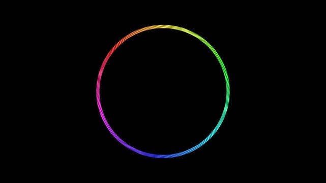 Rotating multi colored neon circles with glowing prismatic spectrum effect on black backdrop
