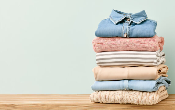 Stack of clothes on table against light background