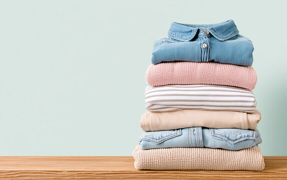 Stack of clothes on table against light background