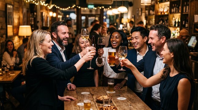 Diverse group of friends celebrating with drinks at a bar