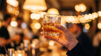 Obraz premium Woman holding a glass of whiskey with ice in a dimly lit bar with bokeh lights