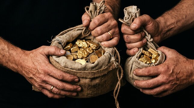 Hands holding bags full of gold nuggets and coins on black background