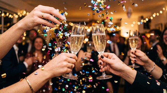 People celebrating with champagne and confetti at a party