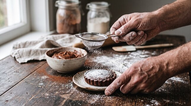 Baker dusting powdered sugar on a chocolate tart with a sieve