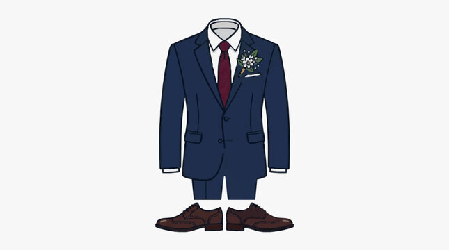 Vector illustration of a formal men's navy blue two-piece suit with a white dress shirt, maroon necktie, white flower boutonniere on lapel, and matching brown leather brogue dress shoes.