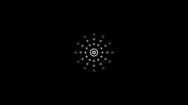 Symmetrical white dot mandalas spinning on a dark background creating a snowflake effect