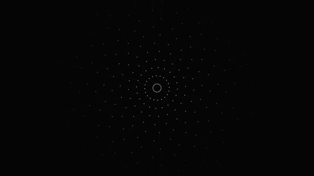 Symmetrical white dot patterns blooming in a radial motion against a dark background