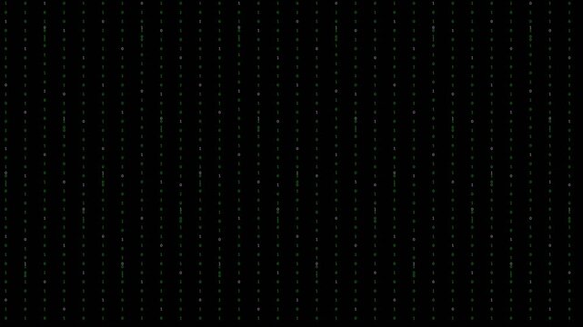 Vertical columns of green digital code and characters scrolling on a dark background