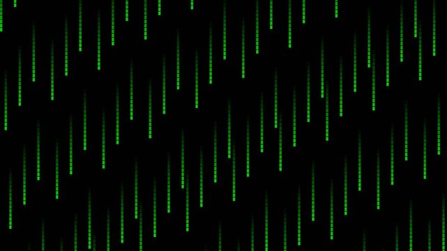 Vertical green digital data stream falling down on a dark black background for coding concepts
