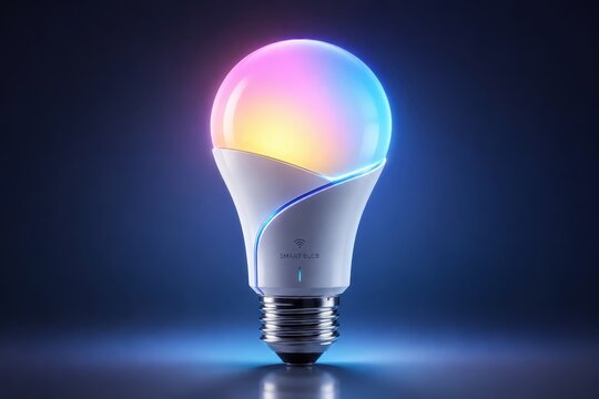 Smart LED light bulb with colorful glowing light and a sleek modern design