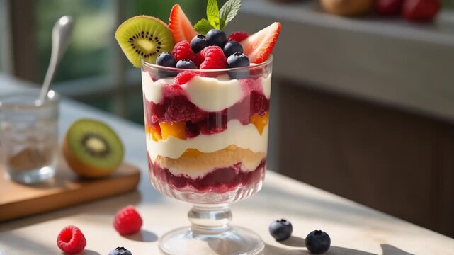 A delicious layered fruit parfait in a glass topped with fresh berries, kiwi, and mint.