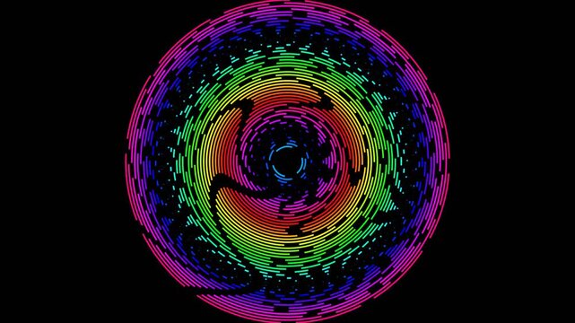 Vibrant rainbow spectrum rings spinning with digital pixel patterns on a black backdrop