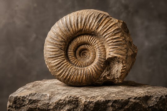 Ancient ammonite fossil, a natural spiral of prehistoric life, resting on a stone pedestal