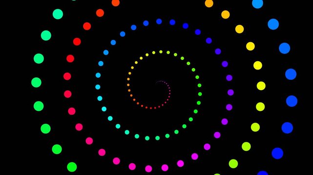 Vibrant rainbow spectrum dot spirals spinning in a repeating grid on a dark background