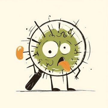 Cute cartoon bacteria looking through magnifying glass. Microscopic viral organism with funny face. Biological research, microbiology study, educational medical vector illustration.