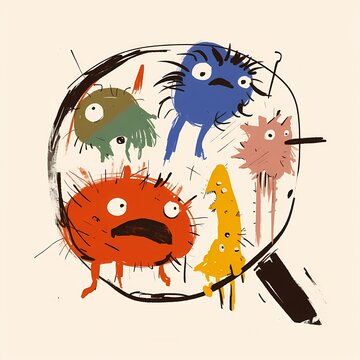 Cute cartoon bacteria captured under magnifying glass for scientific study. Funny colorful microorganisms and germs illustration. Microbiology education concept for medicine and science.