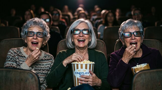 Three older women enjoying a 3d movie while eating popcorn in theater