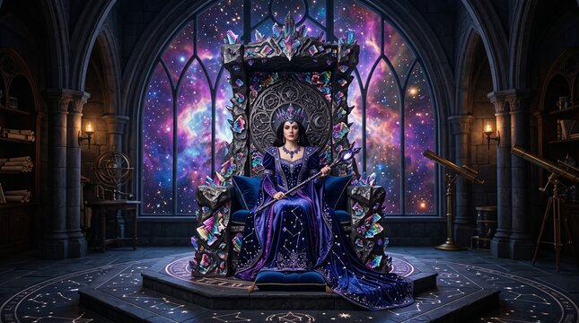 Queen throne in a mystical gothic observatory overlooking space