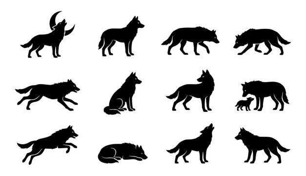Set of black silhouettes of wolves in various poses including howling running sitting and standing isolated on white