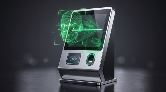 Modern biometric access control terminal with green holographic wireframe face scanning, fingerprint reader, and contactless payment interface.